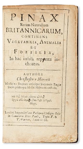 MERRET [or MERRETT], CHRISTOPHER. Pinax Rerum Naturalium Britannicarum.  1666